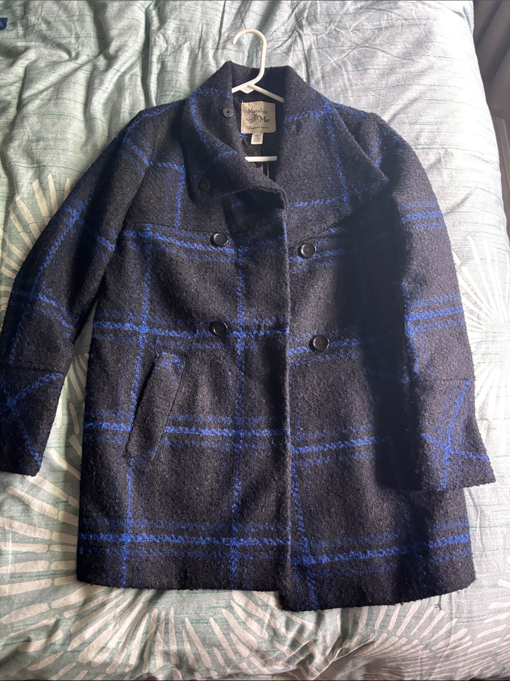 LIKE NEW - Maralyn & Me Navy Blue Plaid Wool-Blend Coat - L